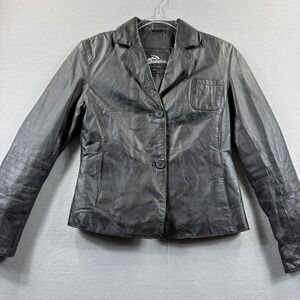 KC Collections Blazer Jacket Womens Small Black Leather Button Front Lined Short